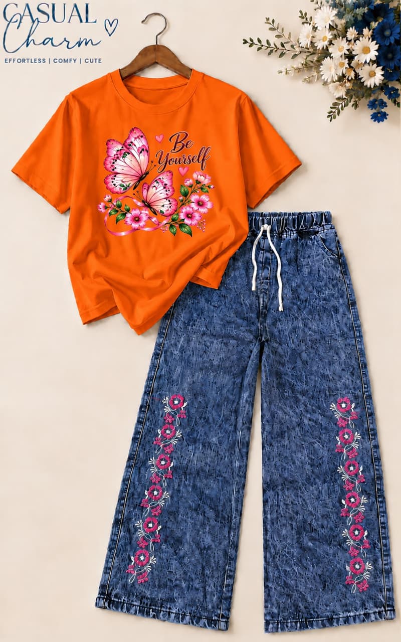 : Women's Casual Floral T-Shirt & Wide-Leg Acid Wash Jeans Two-Piece Co-Ord Set