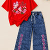 : Women's Casual Floral T-Shirt & Wide-Leg Acid Wash Jeans Two-Piece Co-Ord Set