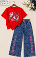 : Women's Casual Floral T-Shirt & Wide-Leg Acid Wash Jeans Two-Piece Co-Ord Set