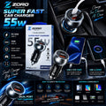 Zoro 55W Super Fast Car Charger - Dual Port Quick Charging Adapter for All Smartphones