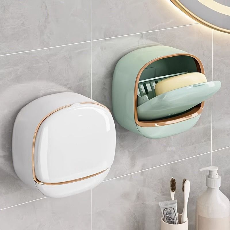 Wall-Mounted Flip Soap Box Holder with Drain Tray